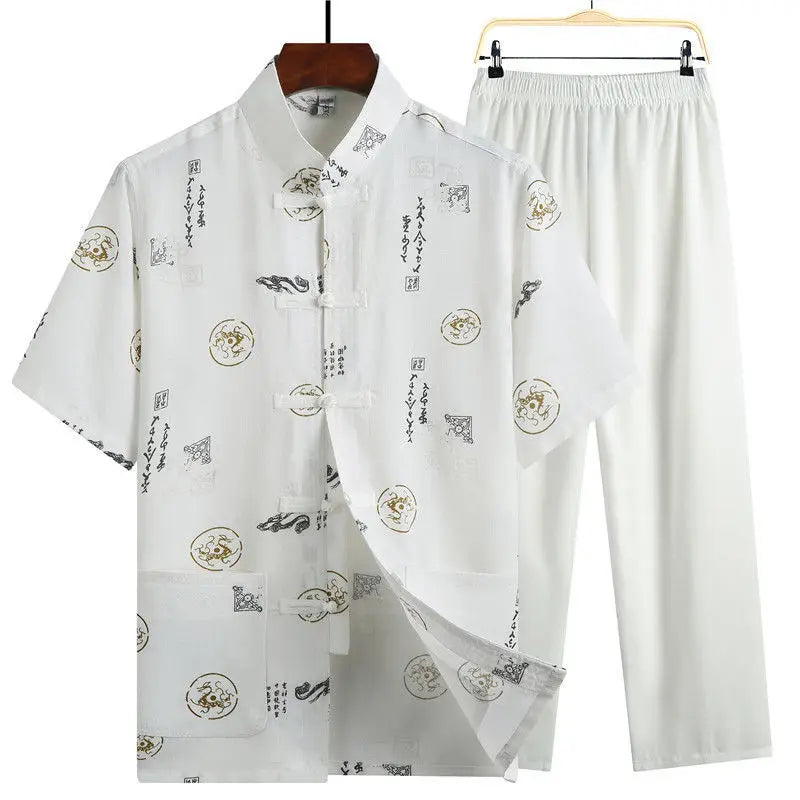 Men's Red Two-piece Summer Set: A Short Jacquard Shirt in Chinese Style Paired with Elastic-waist Pants. White, Gray, Beige-Blue