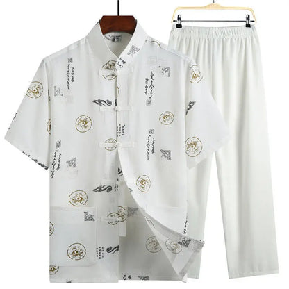 Men's Red Two-piece Summer Set: A Short Jacquard Shirt in Chinese Style Paired with Elastic-waist Pants. White, Gray, Beige-Blue