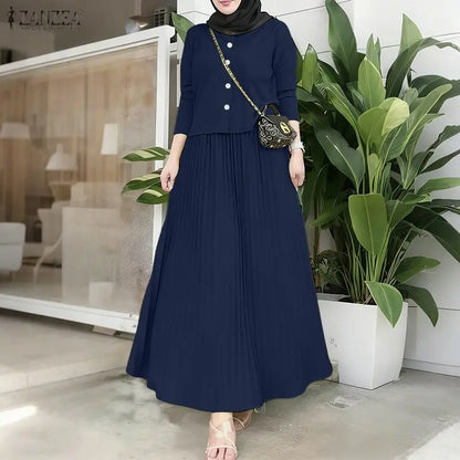 ZANZEA Elegant Muslim Sets Ramadan Outfits Women Autumn Long Sleeve Dress Suit Solid Shirt Long Skirt 2026 Spring Matching Sets