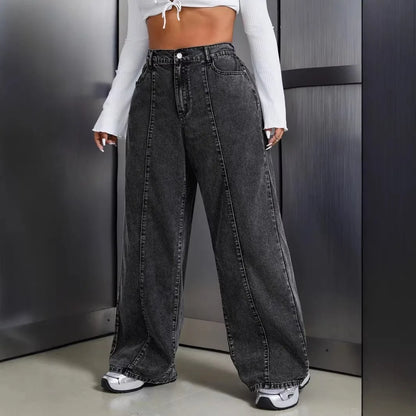 Women Plus Size Jeans High Waist Wide Leg Denim Pants Cotton Distressed Denim Jeans Oversized Black Wash Full Length Jeans Pants