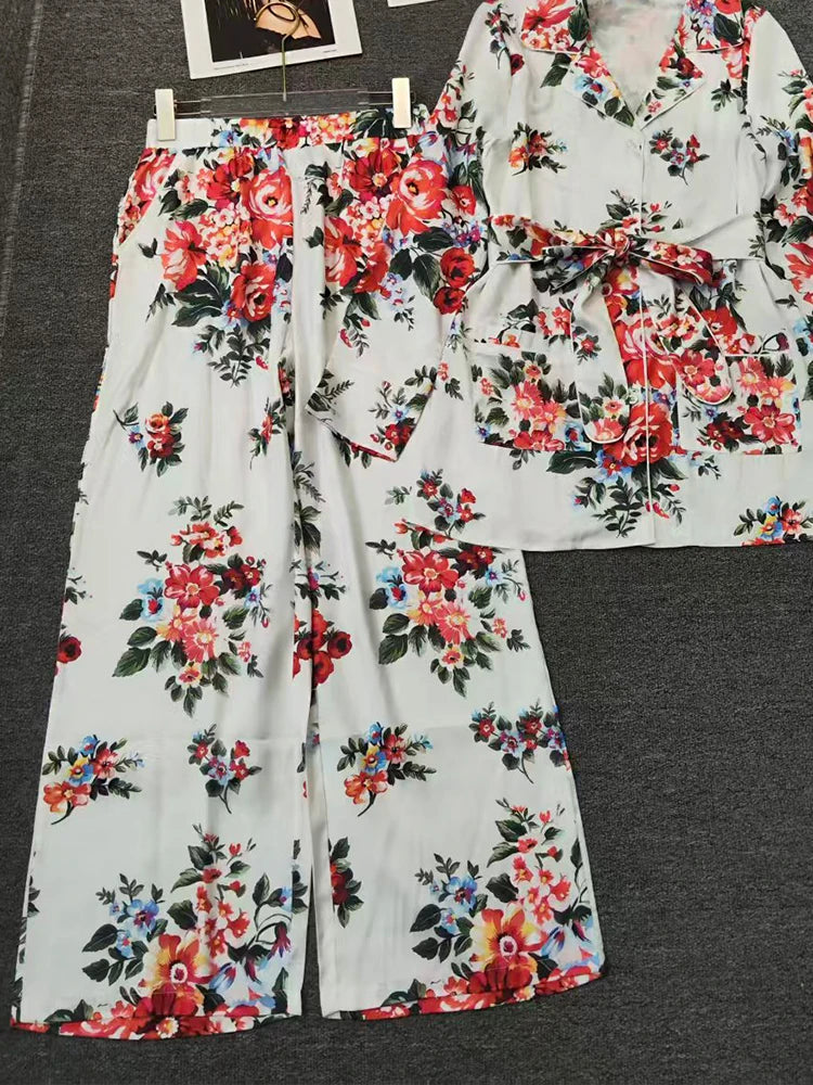 2026 Spring Women's Retro Geometric Printed Pajama Style Shirt Two Piece Set+Elastic Waist Loose Wide Leg Pants Fashion Set
