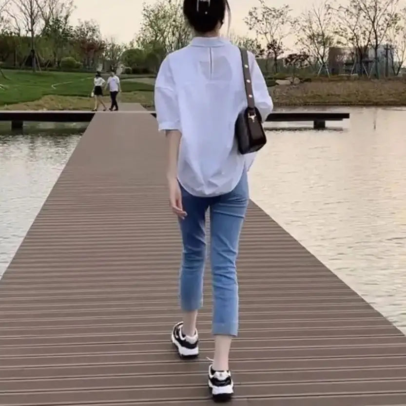 Summer Shirt Women Blouses 2024 New Mid-sleeve Loose Y2k Chic Clothes Fashion Irregular Shirts Korean Ladies Casual Vacation Tos