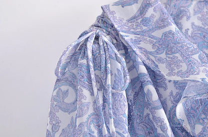 Blue Floral Print Chiffon Mini Dress Women Wood Ears Ruffles V Neck Open Buttons Slim Ruched Waist Long Sleeve Holiday Robe