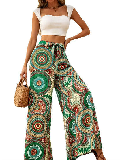 Women's Bohemian Style Printed Wide Leg Pants Casual Vacation Comfortable Elastic Waist Long Strapped Trousers