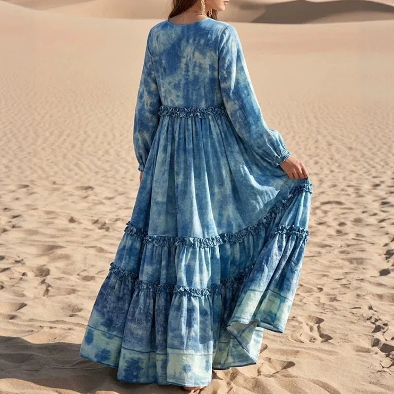 Women Tie Dye Maxi Dress Deep V Neck Ruffle Trim Lantern Long Sleeve Tiered Ruffle Swing Flowy Boho Beach Holiday A-Line Dresses
