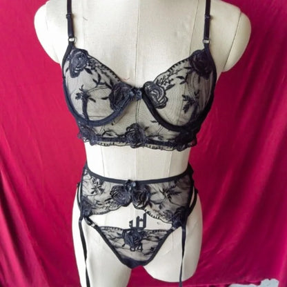 Sexy Butterfly Embroidery Lingerie Set 3 Piece Mesh Lace Bra Panty Garter Belt Women's Erotic Intimate Underwear