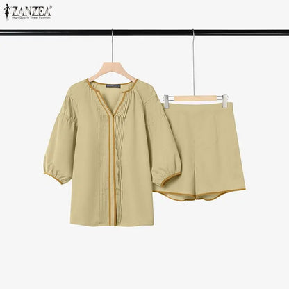 ZANZEA Women's Casual Short Sets Summer 3/4 Lantern Sleeve Contrast Trim V-Neck Shirt & Elastic Waist Shorts 2pcs Suits Outfits