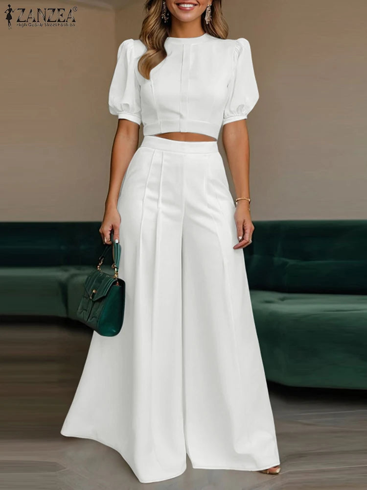 ZANZEA Women's Pant Sets 2 Piece Elegant Chic Short Crop Tops & Wide Leg Pants Two Piece Outfits Trouser Suits Woman Clothes 3XL