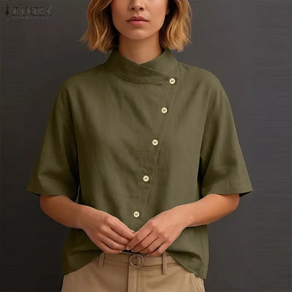 ZANZEA Women's Fashion Diagonal Front Shirts Casual Stand Collar Half Sleeve Button Up Tops Summer Solid Color Chemises Femme