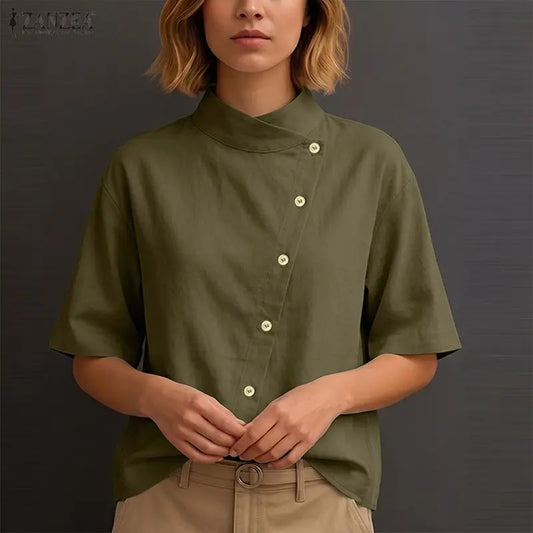 ZANZEA Women's Fashion Diagonal Front Shirts Casual Stand Collar Half Sleeve Button Up Tops Summer Solid Color Chemises Femme