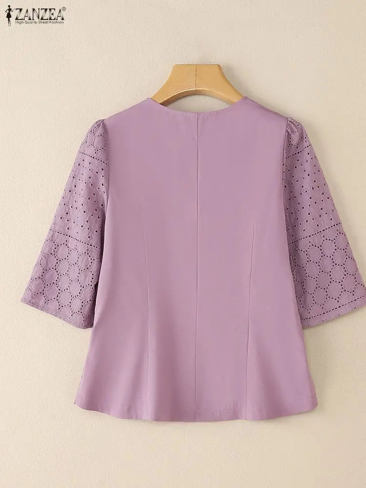 ZANZEA Elegant Openwork Embroidered Shirts Women Fashion O-Neck Half Sleeve Wavecut Placket Solid Color Blouses Hollow Out Tops