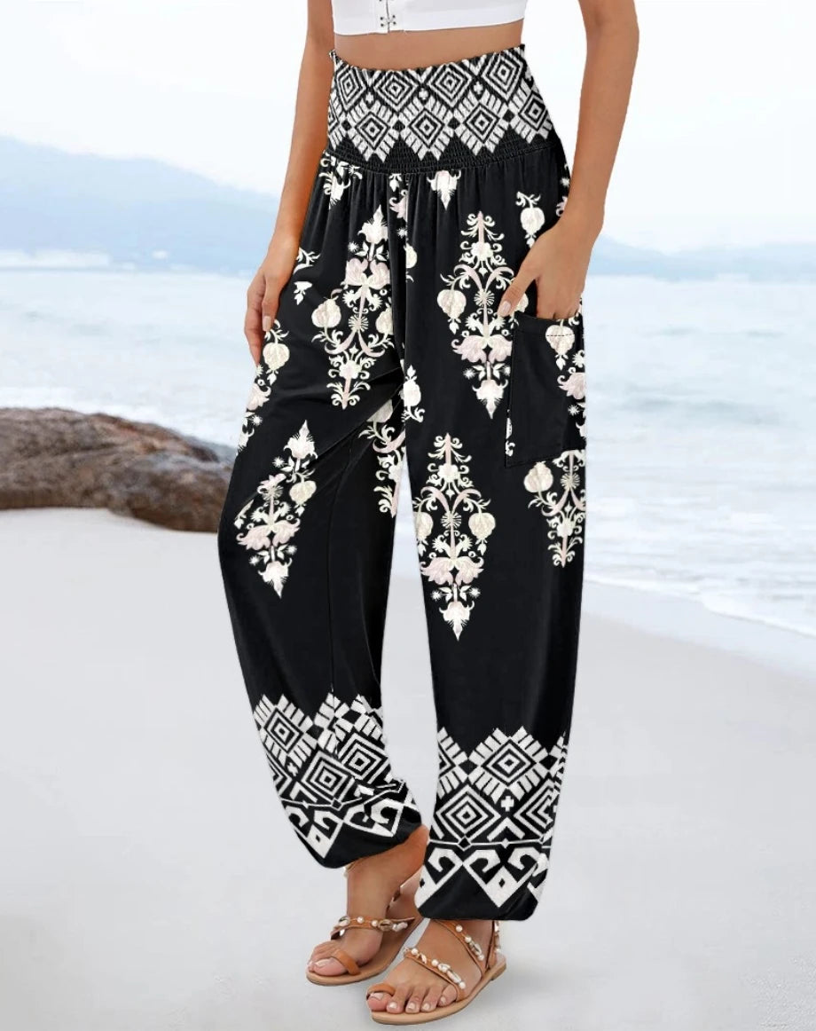 Women's High Waist Boho Print Loose Fit Palazzo Pants with Geometric Floral Pattern and Side Pockets for Summer Beach Vacation