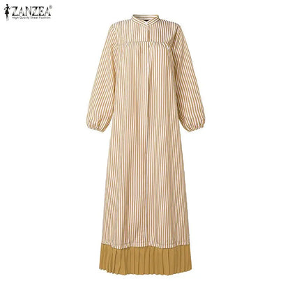 ZANZEA Modest Stripe Patchwork Muslim Abaya Dress Hijab Robe Femme Fashion Women Long Sleeve Pleated Sundress Casual Kaftan 2026
