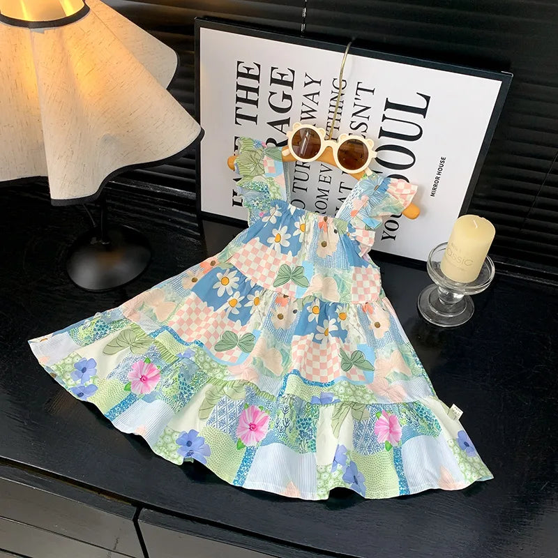 2026 Summer Girls Flutter Sleeve Dress Kids Printed Tiered Princess Dresses for 1-12Y Children Vacation Clothes
