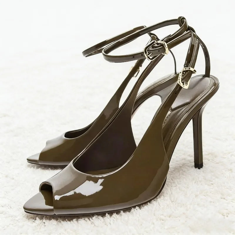 Sexy Peep Toe Ankle Strap Heeled Sandals Women Patent Leather Luxury Designer Heels for Ladies Elegant High Heels Dress Shoes