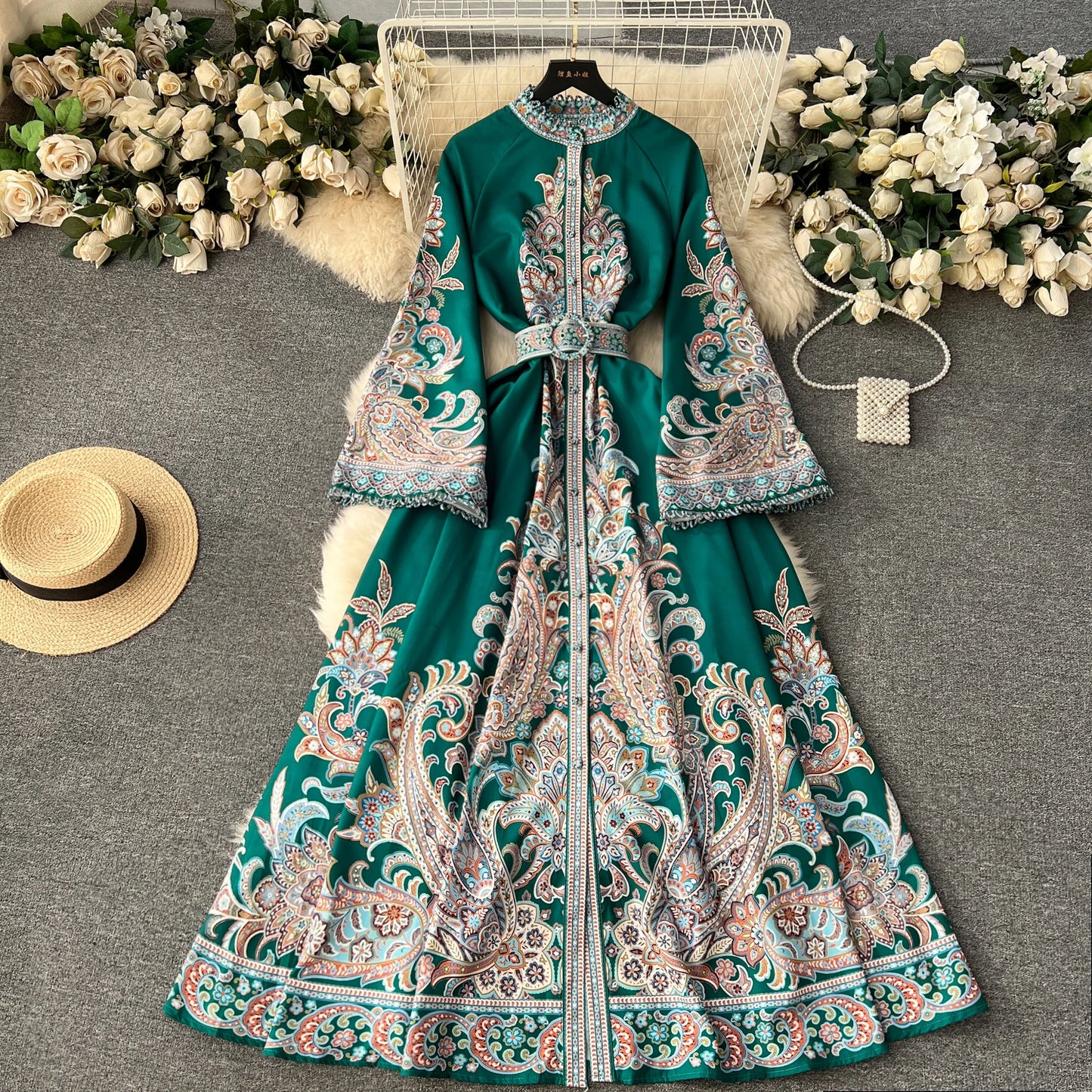 Spring Autumn Women's Dress Vintage Long Sleeve Print Floral High Waist Boho Party Maxi Vestidos Elegant Luxury Long Dresses