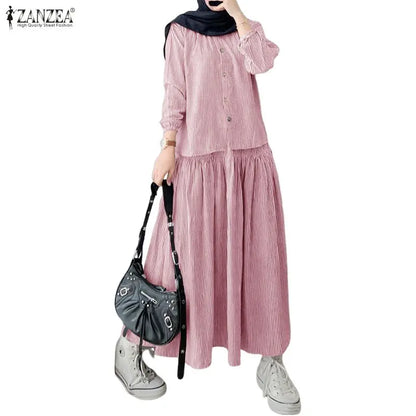 ZANZEA Women's Loose Striped Skirt Suits Long Sleeve Shirt & A-Line Long Skirt 2 Pieces Sets Female Muslim Fashion Casual Outfit