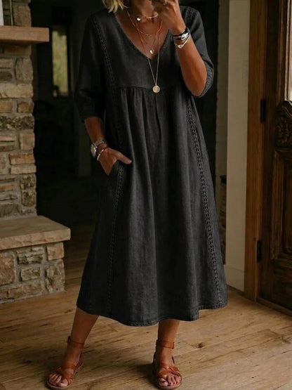 Women Summer Casual Loose V Neck Lace Splicing Midi Dress, Solid Three Quarter Sleeve Breathable Daily Vacation Dress
