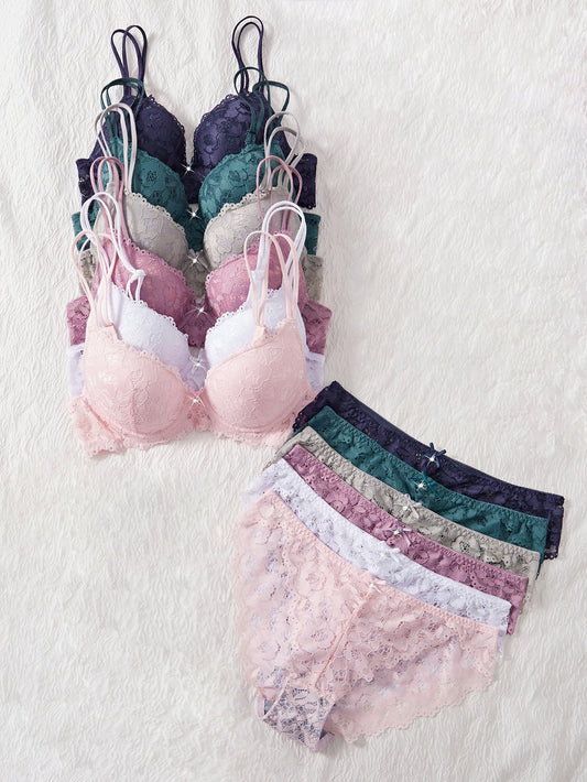 6-Piece Set Women's Underwear Set Sexy Patterned Lace Patchwork No Lining Comfortable Fitting Women's Push-Up Bra Sexy Lingerie