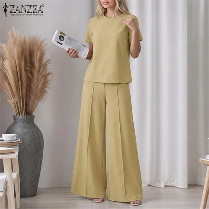 ZANZEA Summer Pant Sets Office Women 2 Pieces Set Elegant Short Sleeve Blouse Wide Leg Trousers Suit Fashion 2PCS Work OL Outfit