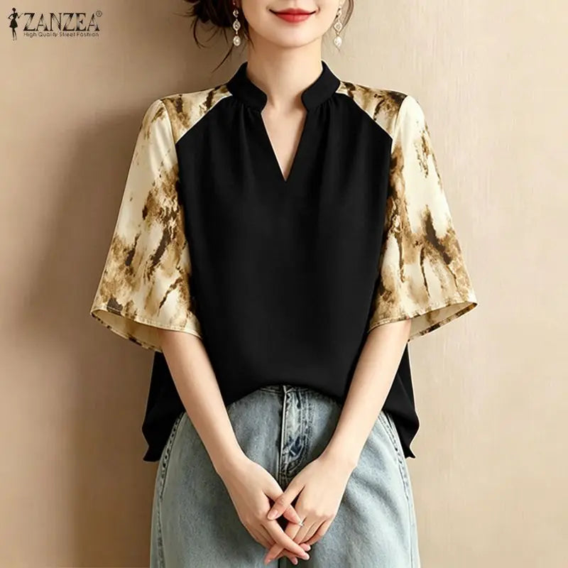 ZANZEA Elegant Blouses for Woman Patchwork Fashion Printed 3/4 Sleeve V-Neck Loose Tops Summer Daily Casual Blusas de Mujer