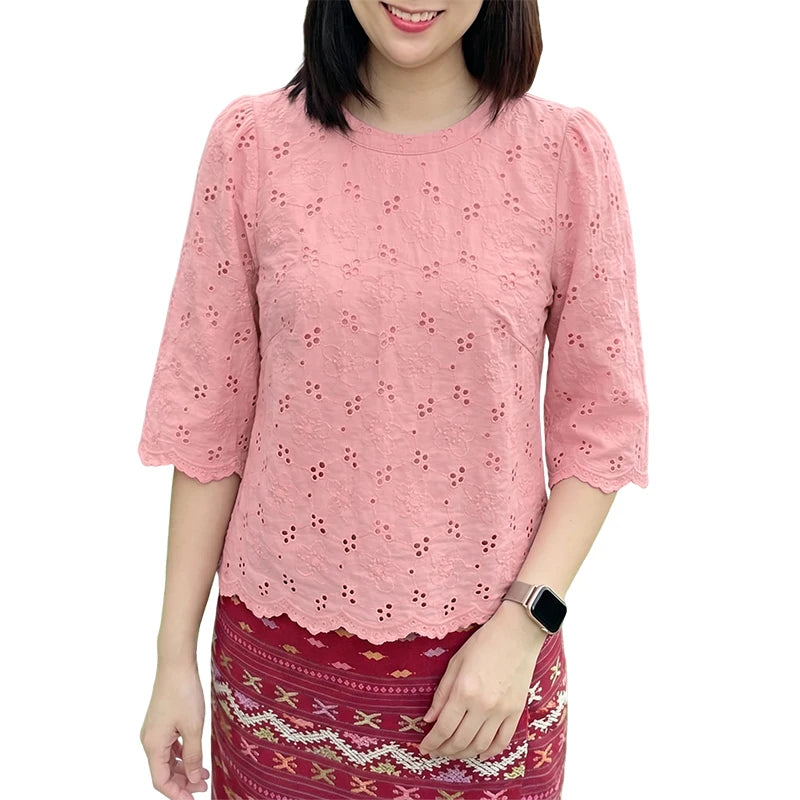 ZANZEA Women's Casual Openwork Blouses O-Neck Half Sleeve Embroidered Floral Patchwork Tops Summer Daily Wear Blusas de Mujer