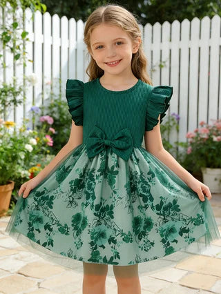 Little Girls Green Gradient Princess Dress, Summer Floral Print Tutu Skirt, Kids Pastoral Style Daily Dress