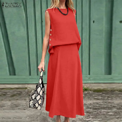 Stylish O Neck Sleeveless Tanks Tops Dress Sets ZANZEA Summer Women 2 Pieces Outfits Tracksuit Casual  Solid Color Skirt Suit