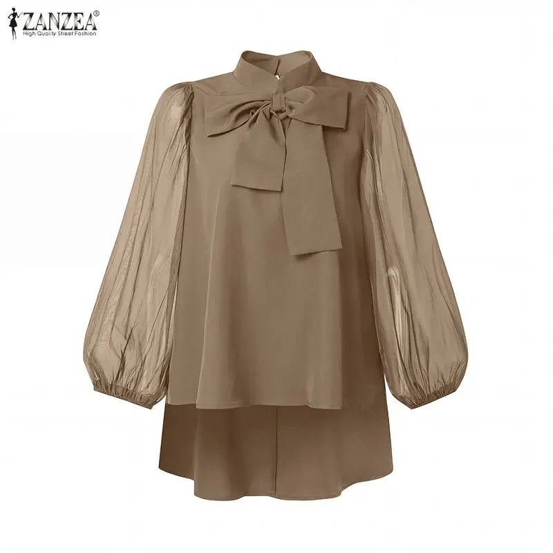 ZANZEA Women High-Low Blouses Summer Elegant Stand Collar Mesh Lantern Sleeves Solid Color Tops Day to Night Blusas de Mujer