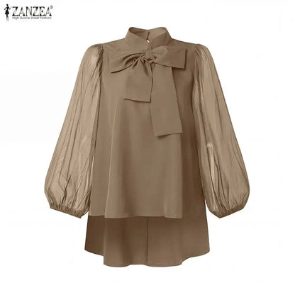 ZANZEA Women High-Low Blouses Summer Elegant Stand Collar Mesh Lantern Sleeves Solid Color Tops Day to Night Blusas de Mujer