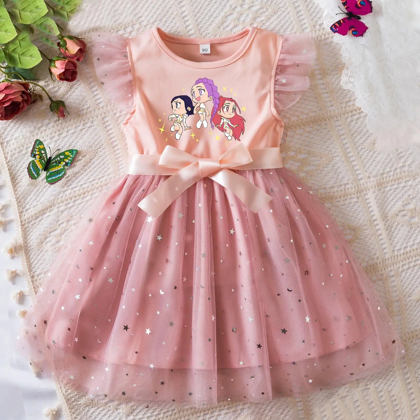 K-Pop Hunters Zoey Rumi Girls Sequin Tutu Dress with Bow Flutter Sleeves Summer Princess Party Outfit for Toddler Kids 2-6Y