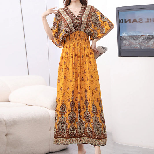 Women Bohemian Ethnic Printed Holiday Dress V-Neck Elastic Waist Casual Batswing Sleeve Mid Dress Elegant Vintage Retro Dress