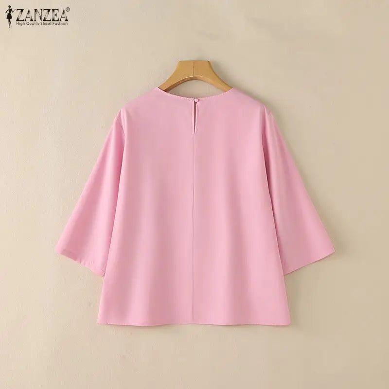 ZANZEA Woman Minimalist Loose Blouses Cutout O-Neck 3/4 Sleeve Solid Color Tunic Tops 2026 Autumn Casual Daily Wear Blusas Mujer