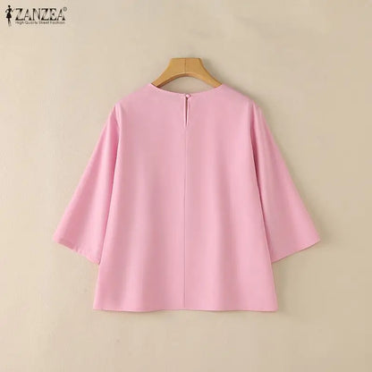 ZANZEA Woman Minimalist Loose Blouses Cutout O-Neck 3/4 Sleeve Solid Color Tunic Tops 2026 Autumn Casual Daily Wear Blusas Mujer