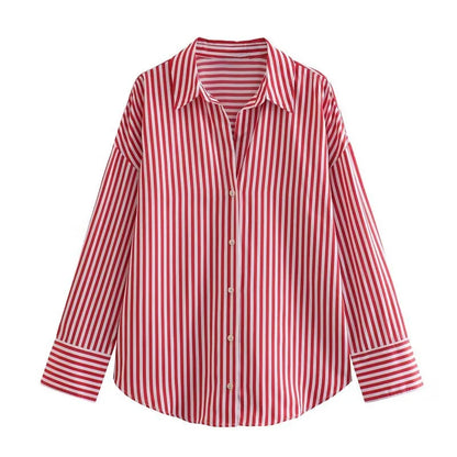 ETJ 2025 women's spring new europe-american fashion striped long sleeve lapel loose version poplin shirt multi-color selection