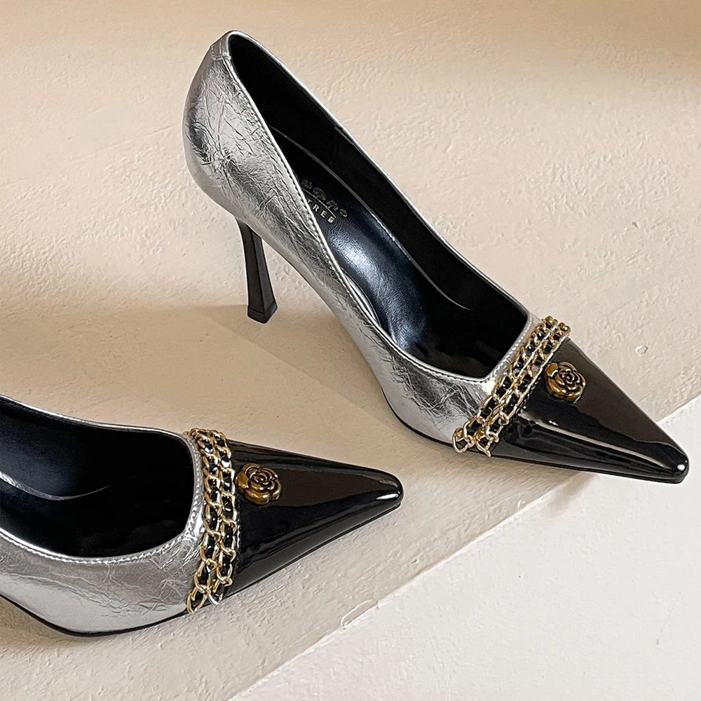 BIGTREE Shoes Women Pumps Metal Chain Design High Heels Color Blocking Ladies Shoes Luxury Banquet Shoes Stiletto Heels 10 CM