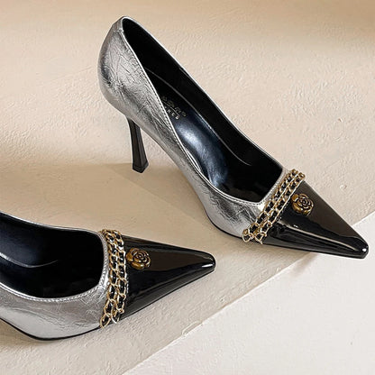 BIGTREE Shoes Women Pumps Metal Chain Design High Heels Color Blocking Ladies Shoes Luxury Banquet Shoes Stiletto Heels 10 CM