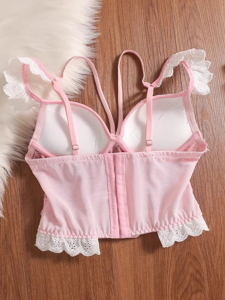 MOYISU Rhinestone Lace Corset Bra Set Pink Halter Bustier Slim-Fit Waist Trainer Sexy Lingerie for Women Party Wedding Outerwear