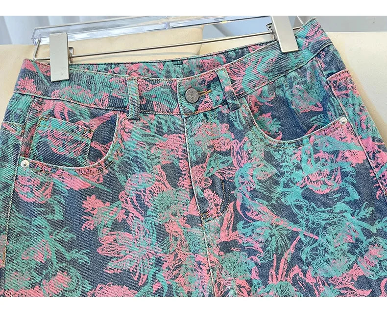 Fashionable Women's Printed Wide-Leg Jeans, New Spring/Fall High-Waisted Denim Trousers, Asian Sizes S–XXXL.