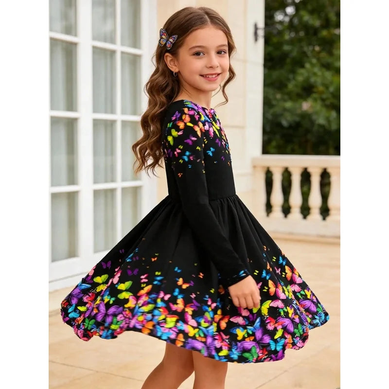 Black butterfly girl long sleeved dress, floral round neck all season casual fashion dress