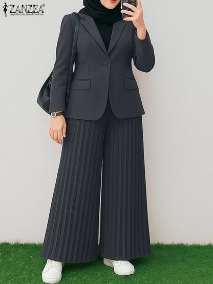 ZANZEA Autumn Office Outfits Women 2 Piece Sets Elegant Long Sleeve Blazer Wide Leg Pleated Trousers Suit Muslim Tracksuits 2025