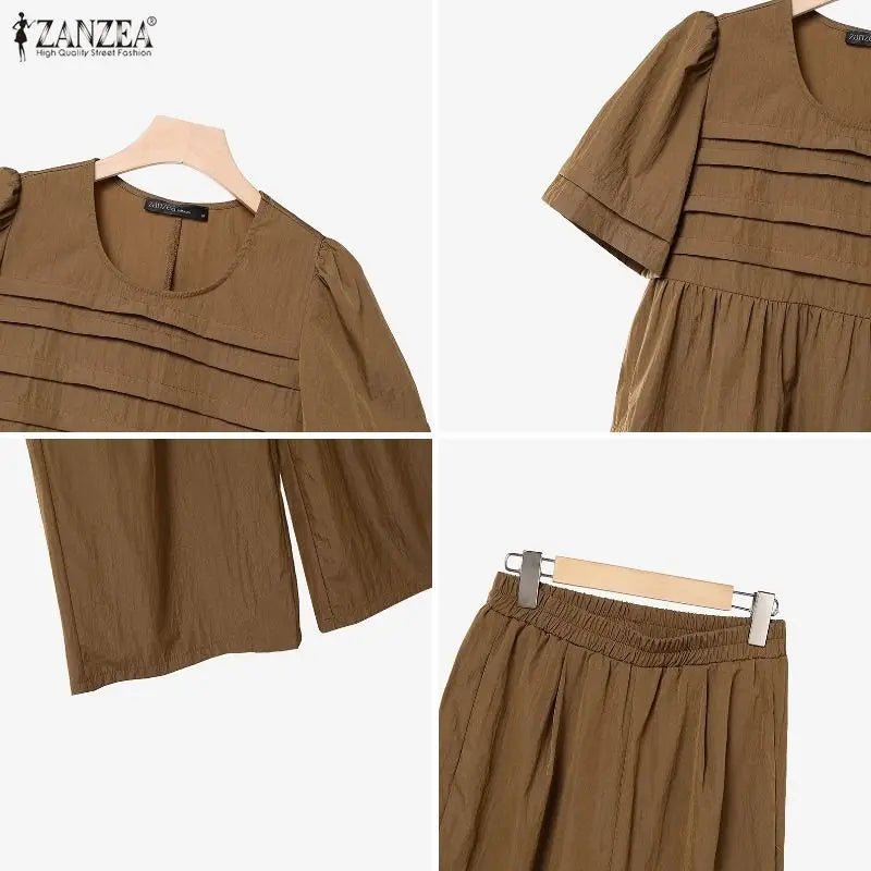 ZANZEA Summer Women Pant Sets Two Piece Sets Short Sleeve Pleated Tops Wide Leg Pants Casual Solid Loose Two-piece Outfits 2PCS