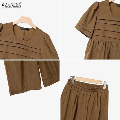 ZANZEA Summer Women Pant Sets Two Piece Sets Short Sleeve Pleated Tops Wide Leg Pants Casual Solid Loose Two-piece Outfits 2PCS