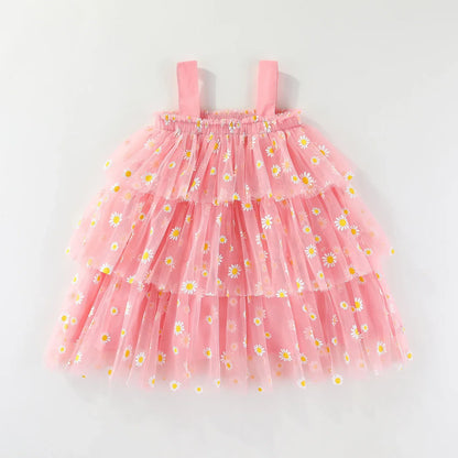 Infant Baby Girl Summer Tulle Dress 0-5T Daisy Print Tiered Cake Skirt Spaghetti Strap Princess Girl Party Dress