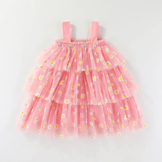 Infant Baby Girl Summer Tulle Dress 0-5T Daisy Print Tiered Cake Skirt Spaghetti Strap Princess Girl Party Dress