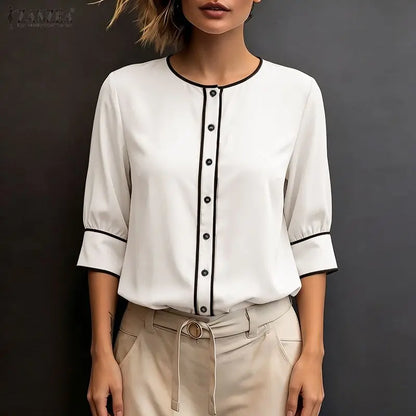 ZANZEA Women's Fashion Contrast-Trim Shirts 3/4 Sleeves O-Neck Button Up Casual Tops 2026 Summer Streetwear Chemises Femme
