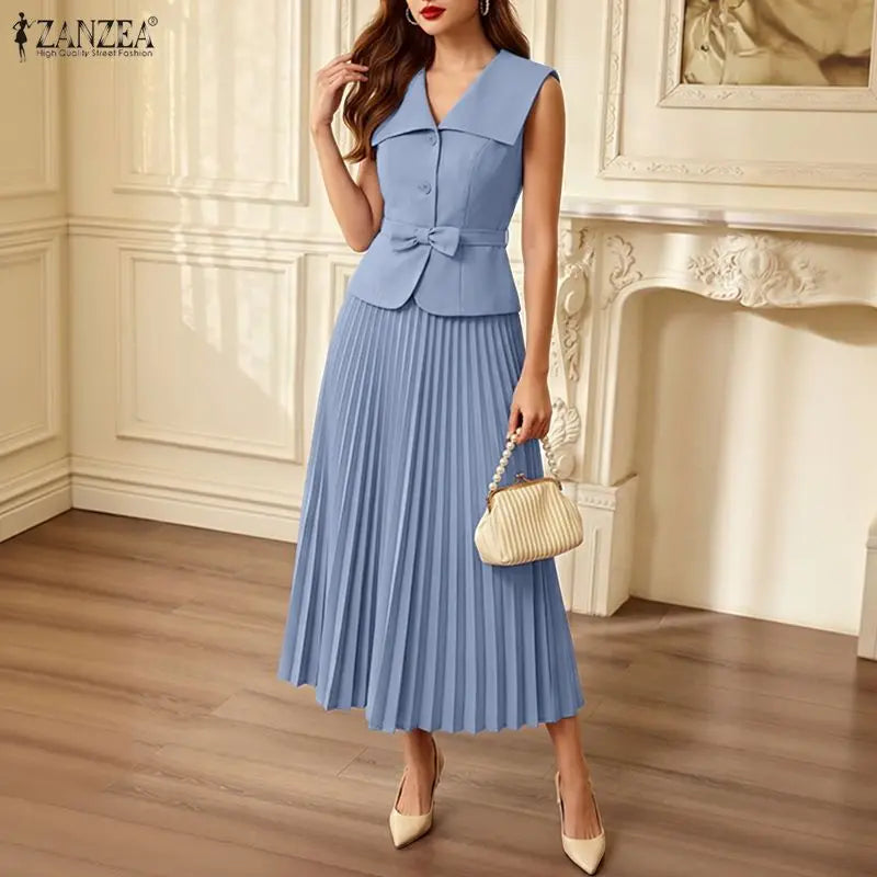 ZANZEA Summer Office Outfits Fashion Women Dress Sets Elegant Lapel Neck Sleeveless Vests Tops A Line Pleated Skirt Suit OL Work