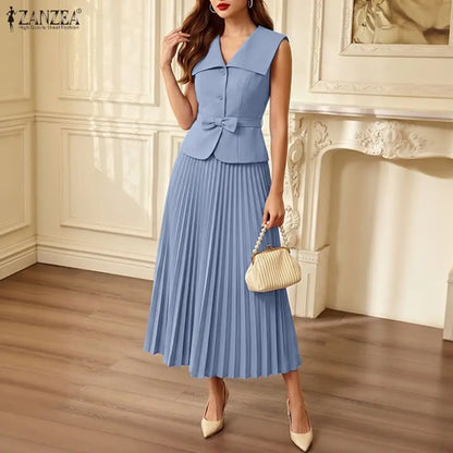 ZANZEA Summer Office Outfits Fashion Women Dress Sets Elegant Lapel Neck Sleeveless Vests Tops A Line Pleated Skirt Suit OL Work