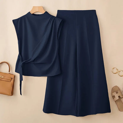 Fashion Women 2 Piece Sets ZANZEA Summer Trousers Suit Short Sleeve Lace-Up Blouse Wide Leg Pant Sets Solid Color OL Work Outfit