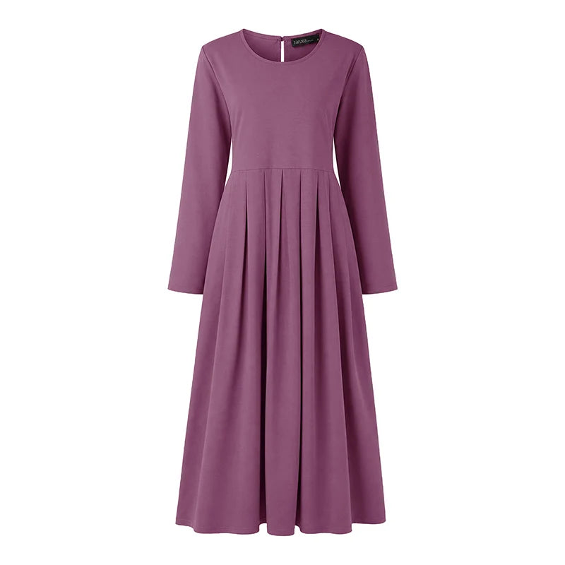 Elegant Muslim Dress Abaya ZANZEA Ramadan Robe Women Casual O Neck Long Sleeve Pleated Dresses Solid Color Baggy Sundress Kaftan